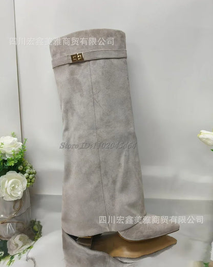 Women's Suede Leather Chunky Heel Shark Boots Pointed Toe Metal Buckled High Heels Knee High Boot Luxury Designer Sexy Shoes