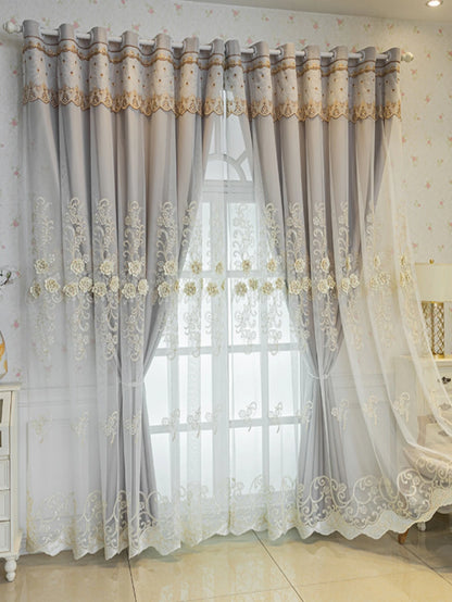 1pc Embroidered Flower Decor Double Layer Single Panel blackout Curtain for living room Window and Bedroom Festival decor