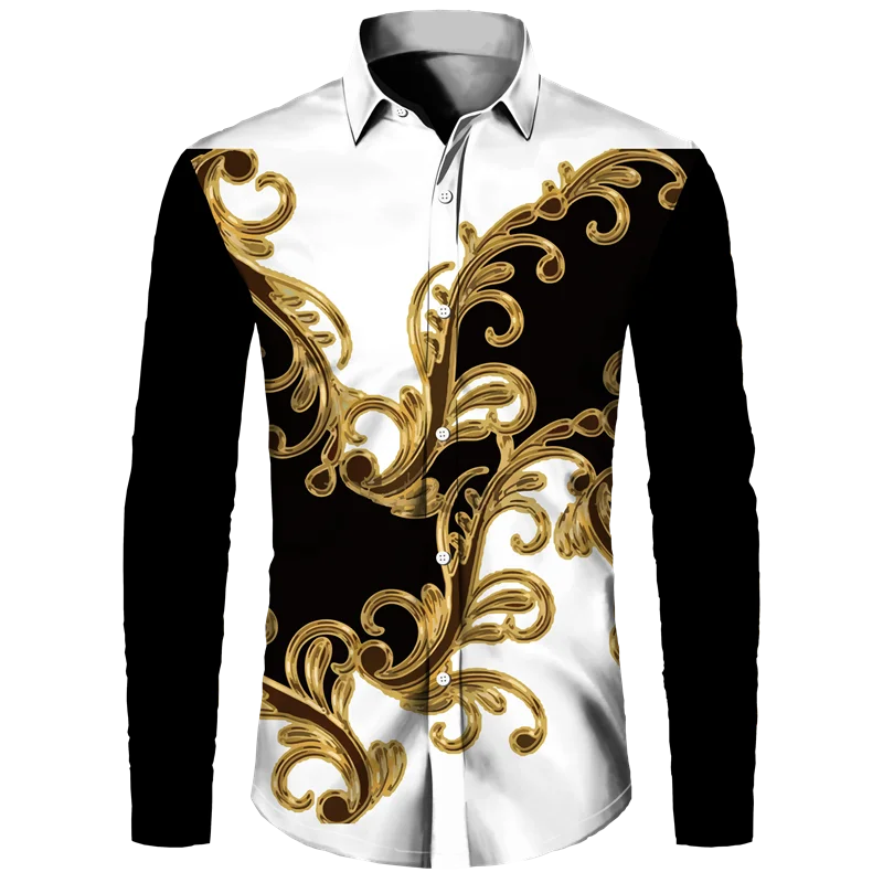 Golden Flower Pattern Print Men's Shirts Casual Single-Breasted Cardigan Long Sleeve Shirt Fashion Trend Tops Men Clothing