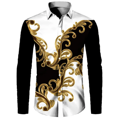 Golden Flower Pattern Print Men's Shirts Casual Single-Breasted Cardigan Long Sleeve Shirt Fashion Trend Tops Men Clothing