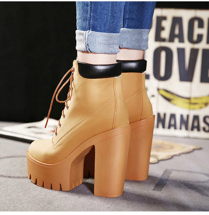 14CM Fashion Motorcycle Boots Women Leather Spring Autumn Metal Buckle High Heels Shoes Zipper brown Ankle Boots Woman Lacing