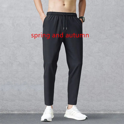 Men's Summer Thin Pants Korean Trend Nine Straight Tube Loose Ice Silk Elastic Sweatpants For Boys Spring And Autumn Student