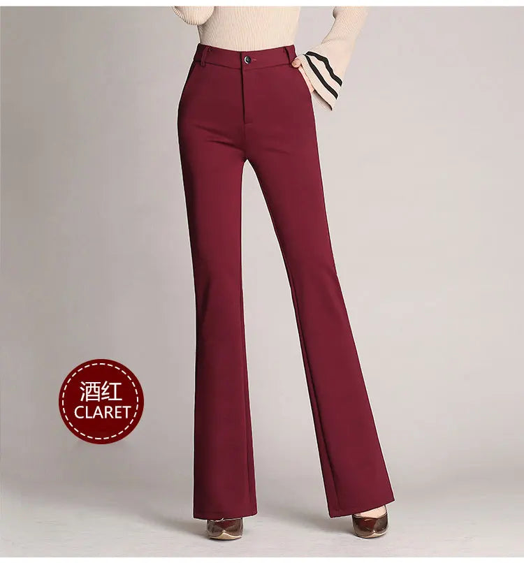 Solid Elegant Full Length Women's Pants Autumn Casual Wide Leg Flared Pants Vintage High Waist OL Ladies Career Long Trousers