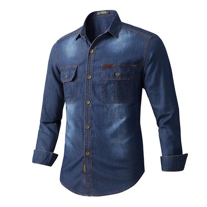 Men Denim Casual Slim Shirts Male Cotton Light Blue Multi-pocket Tooling Shirts Quality Man Large Long-sleeved Shirts Size 5XL