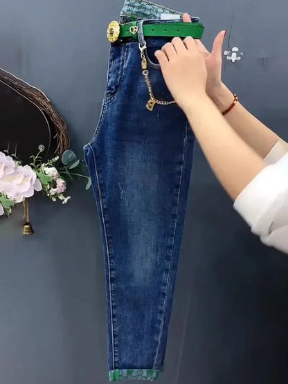 Blue Plus Size Jeans Spring Autumn New Fashion Casual High Waist Stretch Straight Trouser Slim-Fit Elegant Edge Curl Harem Pants