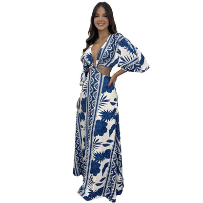 Sexy Printed Long Dresses Deep V-neck Women Hollow Out Lace-up Bat Half Sleeve Vacation Dress Spring Summer New Bohemian Style