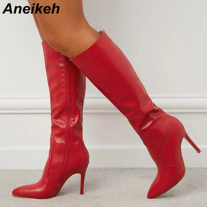 Aneikeh Women's Fashion Elegant Pointed Thin Heel Knee High Long Boots2025 Spring/Autumn PU Panel Side Zipper Boots Western35-42