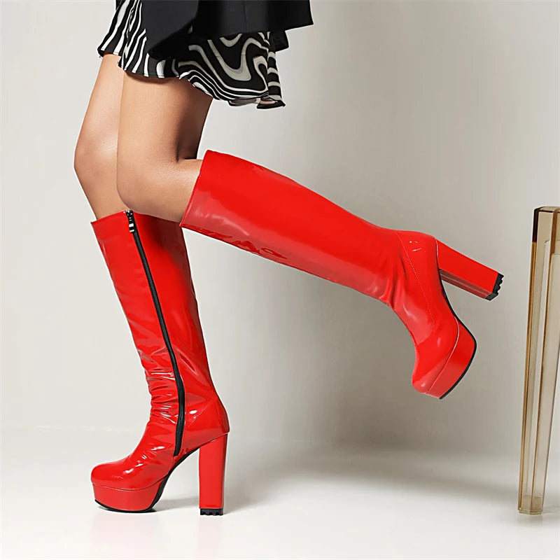 Platform Knee High Boots Women Sexy Patent Leather Women's High Boot White Red Yellow Green Party Shoes Ladies Winter Large Size