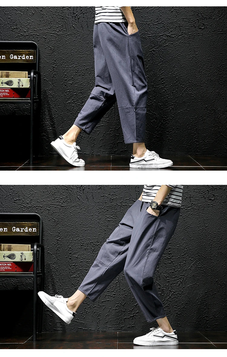 100% Cotton Ankle Length Pants Summer Casual Pants Man Trendy Japanese Loose Pants Men