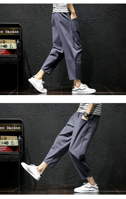 100% Cotton Ankle Length Pants Summer Casual Pants Man Trendy Japanese Loose Pants Men