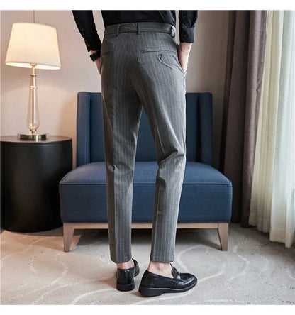 Men Boutique Black Striped Suits Pants Male Formal Wear Wedding Dress Trousers Quality British Style Business Casual Suit Pants