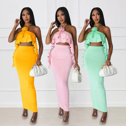 Womens Outifits Elegant Women Strapless Ruffled Top and High-waisted Slit Skirts Set Two Piece Sets Summer Sexy Split Women Sets