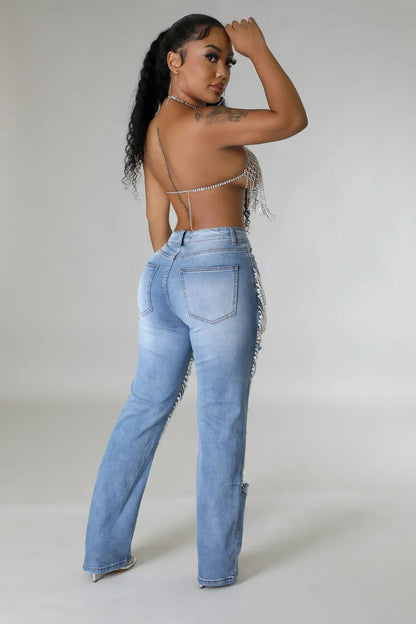 Spice Girl Summer Pants Ripped Heavy Industry Beaded Elastic Jeans Trousers Women JEANS