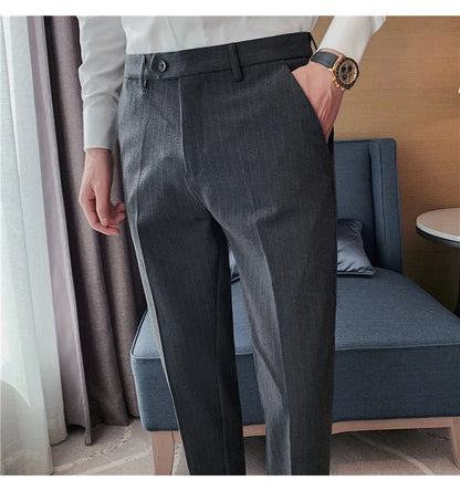 Men Boutique Black Striped Suits Pants Male Formal Wear Wedding Dress Trousers Quality British Style Business Casual Suit Pants