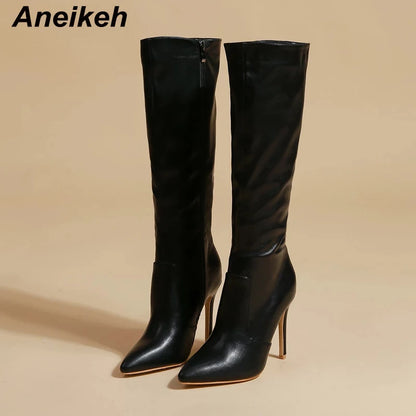 Aneikeh Women's Fashion Elegant Pointed Thin Heel Knee High Long Boots2025 Spring/Autumn PU Panel Side Zipper Boots Western35-42