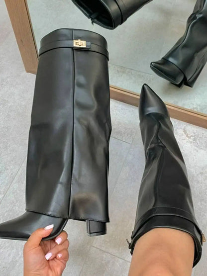 Autumn and Winter New Pointed Metal Buckle Knee High Women's Boots, Thick High-heeled Pants Boots, Fashionable Mid Leg Boots