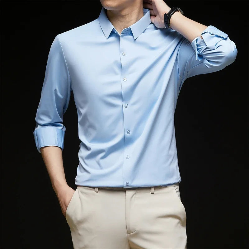 New Men's Business Casual Long Sleeved Solid Color Shirt Wrinkle Resistant Wrinkle Free Comfortable All Season Versatile Top