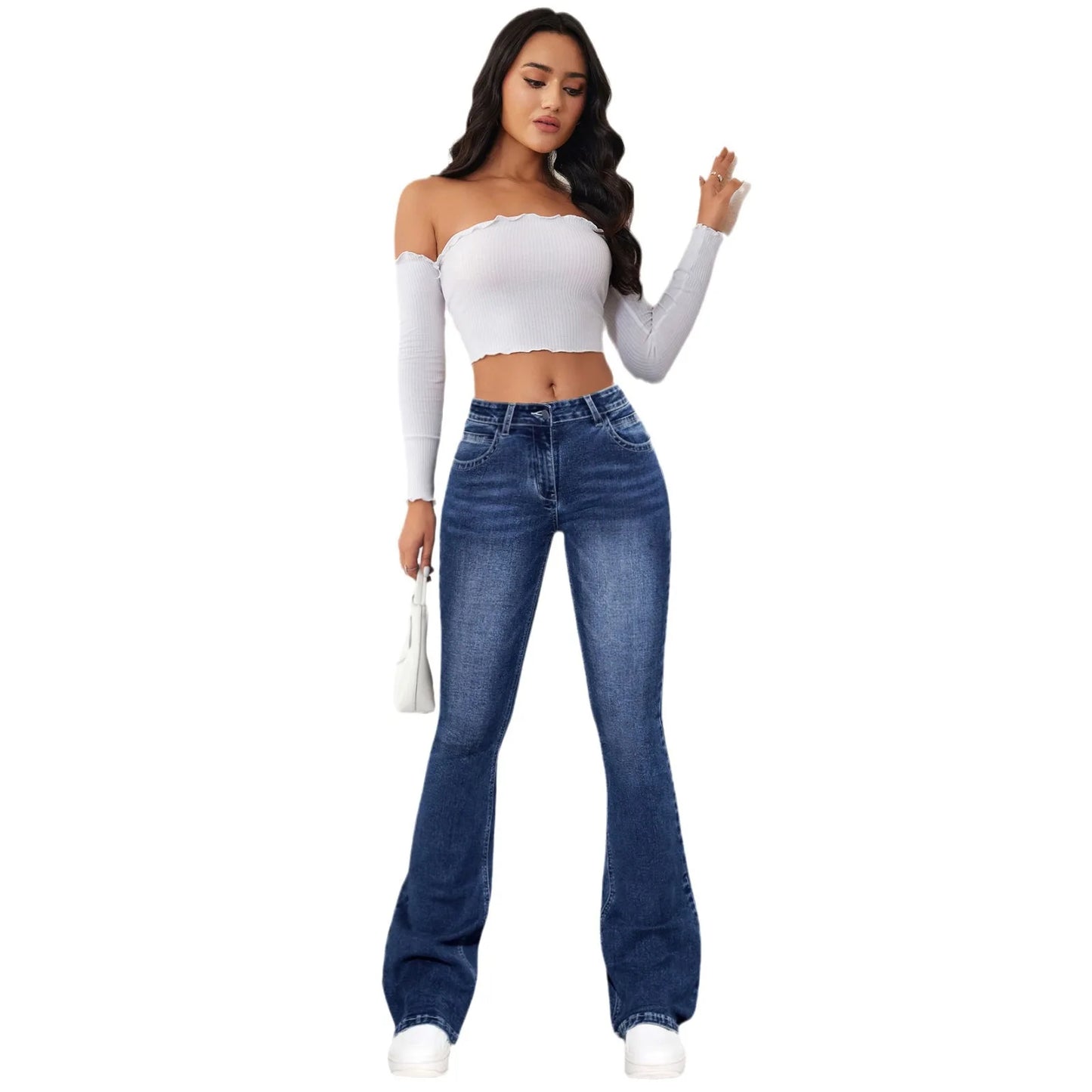 Women Jeans Slim Fit Flare Pants Denim Washing Pockets High Waist Solid Ankle Length Boot Cut Streetwear Casual Zipper Fly