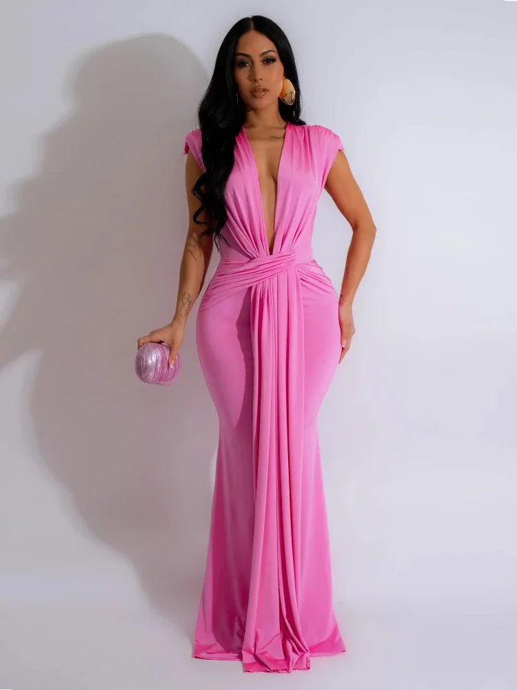 Elegant Ruched Bodycon Maxi Dress Women Birthday Night Party Evening Prom Deep V-neck Slim Celebrity Formal Long Dresses Ribbon