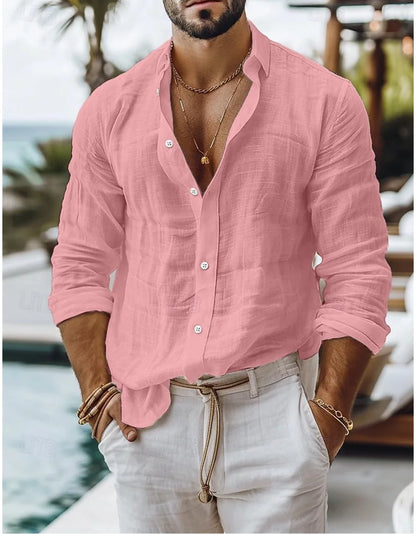 Men's cotton Linen Shirt Button Up  Summer Shirt Beach Shirt   Long Sleeve Plain Lapel Spring & Summer Casual Daily Clothing