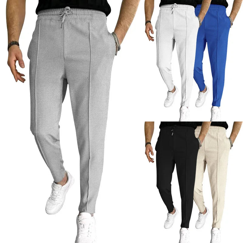 Men's Pants, Street Ruffled Solid Color Casual Waffle Pants, Four Seasons Travel New Breathable Loose Fitness Jogging Pants 2024