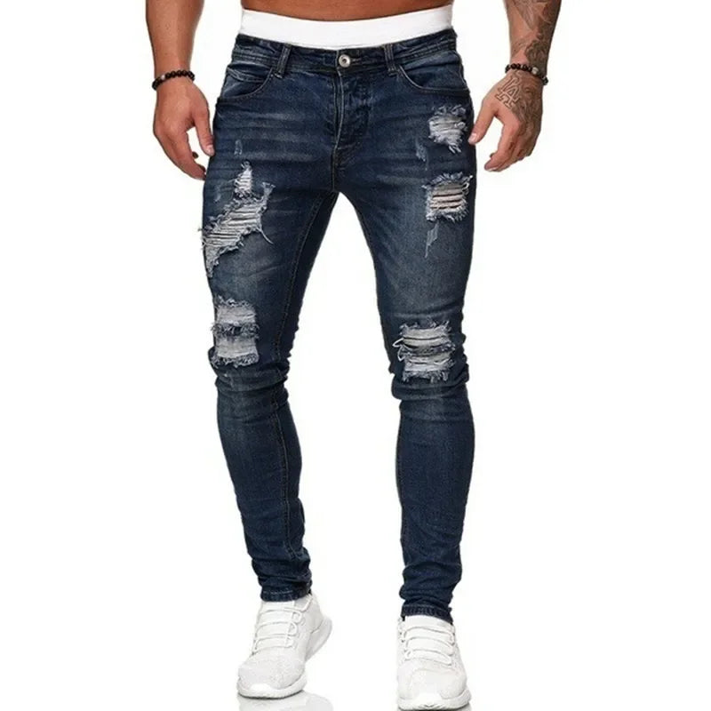 Ripped Skinny Jeans Men Casual Slim Fit Pencil Denim Pants Male Vintage Wash Solid Denim Trouser Hot Sale Fashion Street Style