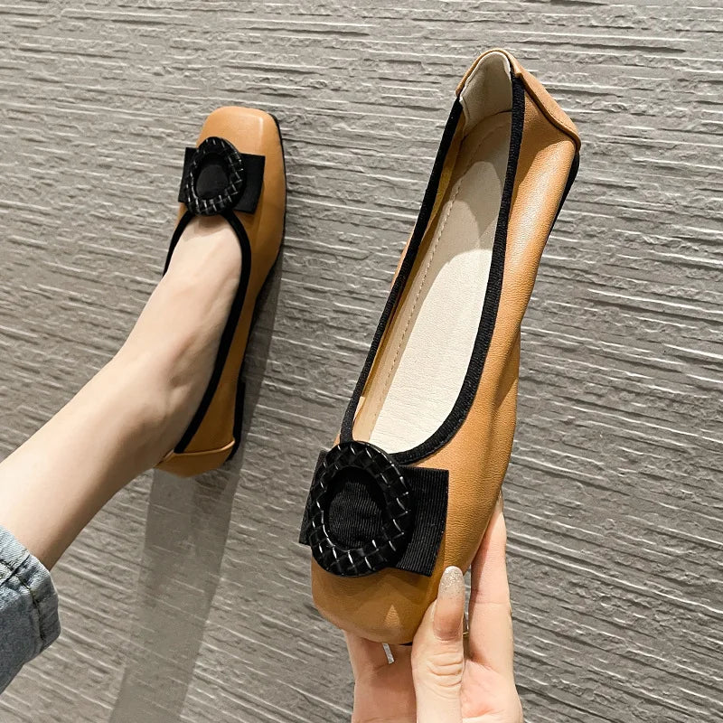 Plus size 43 44 Women Ballet Flats Leather Shoes Sweet bowknot Ladies softy sole round Toe Pumps Office Lady Big Size Loafers