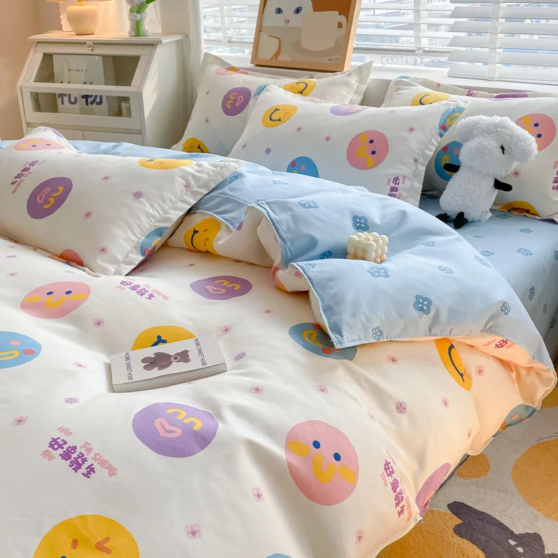 Cute Home Comforter Bedding Sets Washed Cotton Duvet Cover Flat Bed Sheet Set Twin Full Queen King Size Bed For Girls Couple