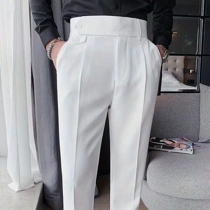 Casual Men's Spring and Summer 2024 New Business Formal Solid Color High Waisted Button Zipper Ruched Pocket Straight Suit Pants