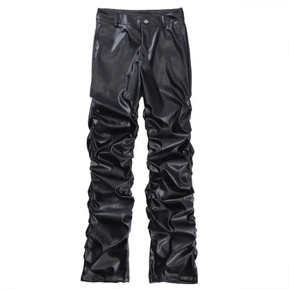 Pleated Leather Pants Men Motorcycle Leather Pants for Men Street Wear Faux Leather Pants Men HIP HOP