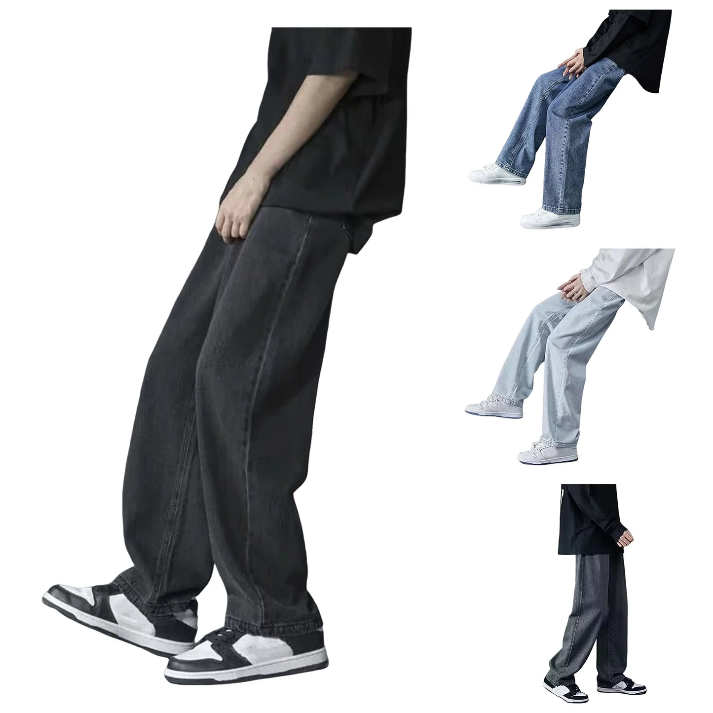 1Pc Trendy Oversize Jeans Zipper Fly/Drawstring Dressing Up Brushed Pants Thin Baggy Jeans Retro Wide Leg Man Pants Men Clothing