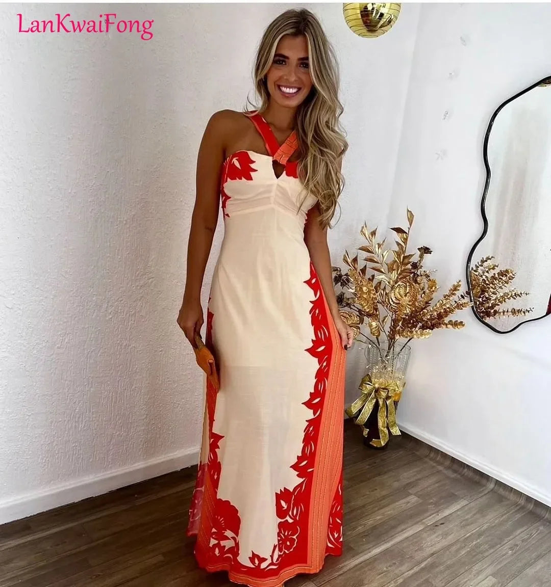 LKF Holiday Casual Women's Dress Halter Backless Sexy Colorblock Print Slit Slim Long Dress