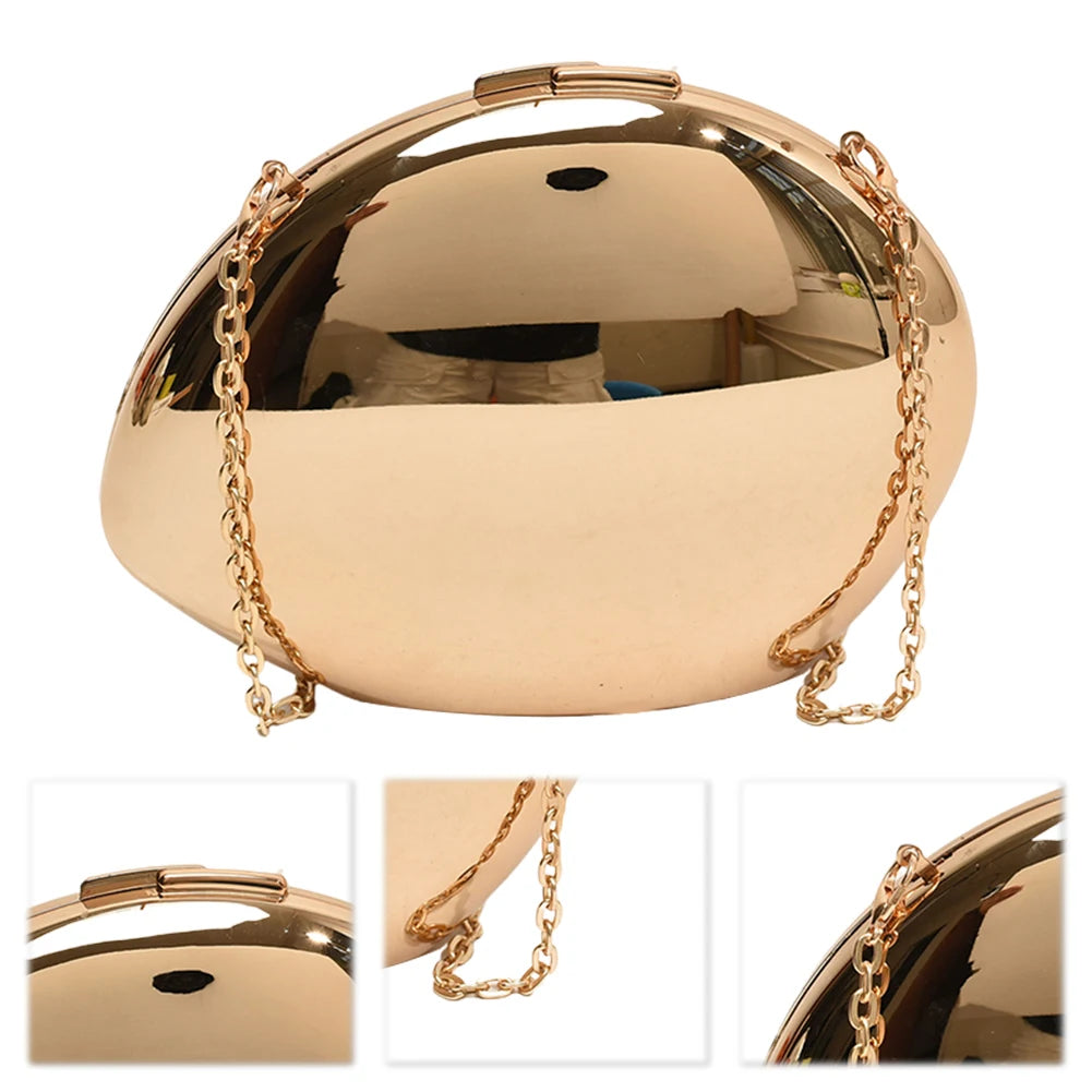 Women Metal Evening Bag with Chain Shoulder Bag Reflective Oval Shaped for Wedding Cocktail Prom Small Party Night Purses