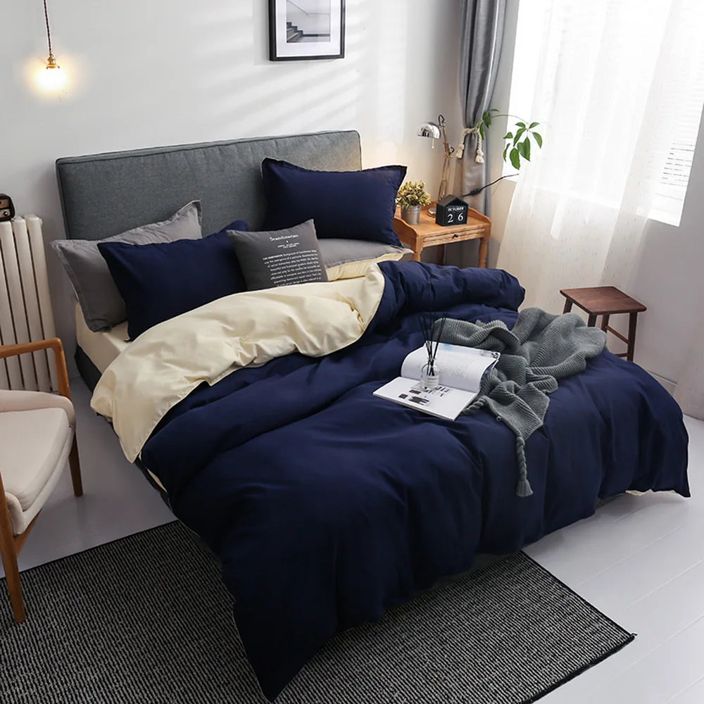 3/4PCS of Pure Dark Blue Beige bedding set,bedroom Bed sheet Duvet Cover Pillowcase Home Bed set,King Queen Full Single