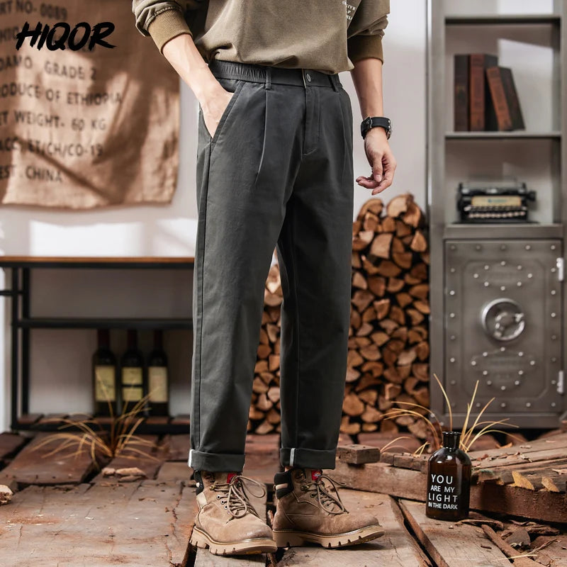 HIQOR Men Elastic Waist Cargo Pants New In Man Cotton Casual Pants Male Workwear Hombre Straight Trousers Male Big Size 28-38