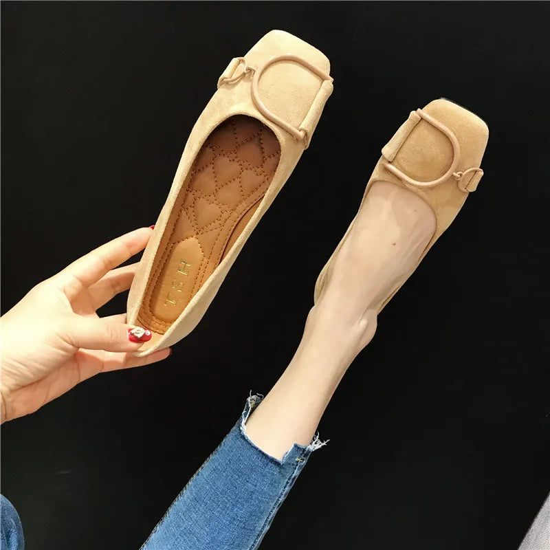 Flat Shoes for Women Spring 2023 New Suede Square Toe Shallow Cut Flat Bottomed Lefu Soft Bean Shoes Ladies big size 44 45 46