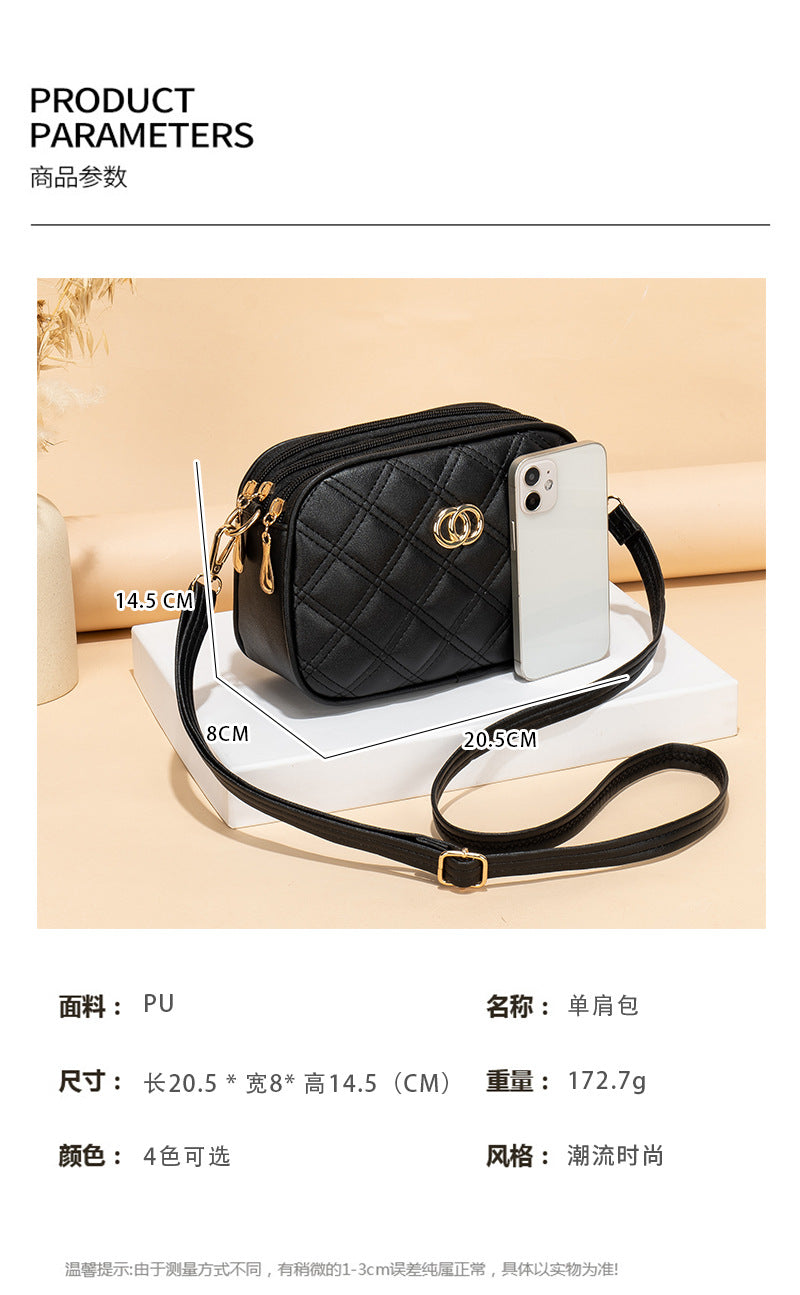 Large Capacity Three Zipper Crossbody Bag, New Fashionable and Simple Diamond Shaped Wave Embroidered Monochrome Camera Bag