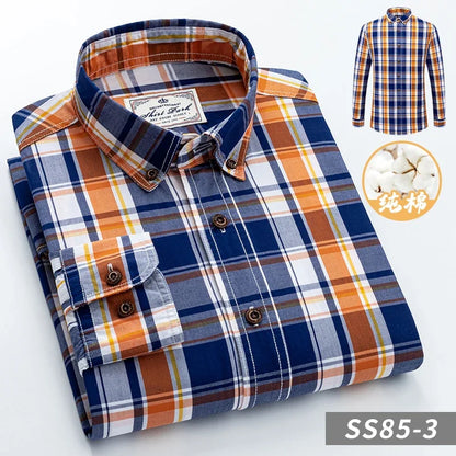 Men's Plaid Checkered Long Sleeve Shirts Contrast Color No Pocket Comfortable 100% Cotton Casual Standard Fit Button Down Shirt