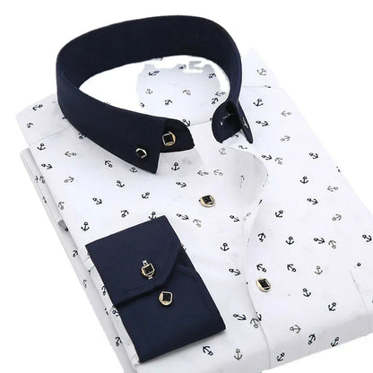 Quality Formal White Spring Men Shirts Casual Mens Shirt Printed Brand Button Collar Slim Fit Floral Social Man Dress Shirt