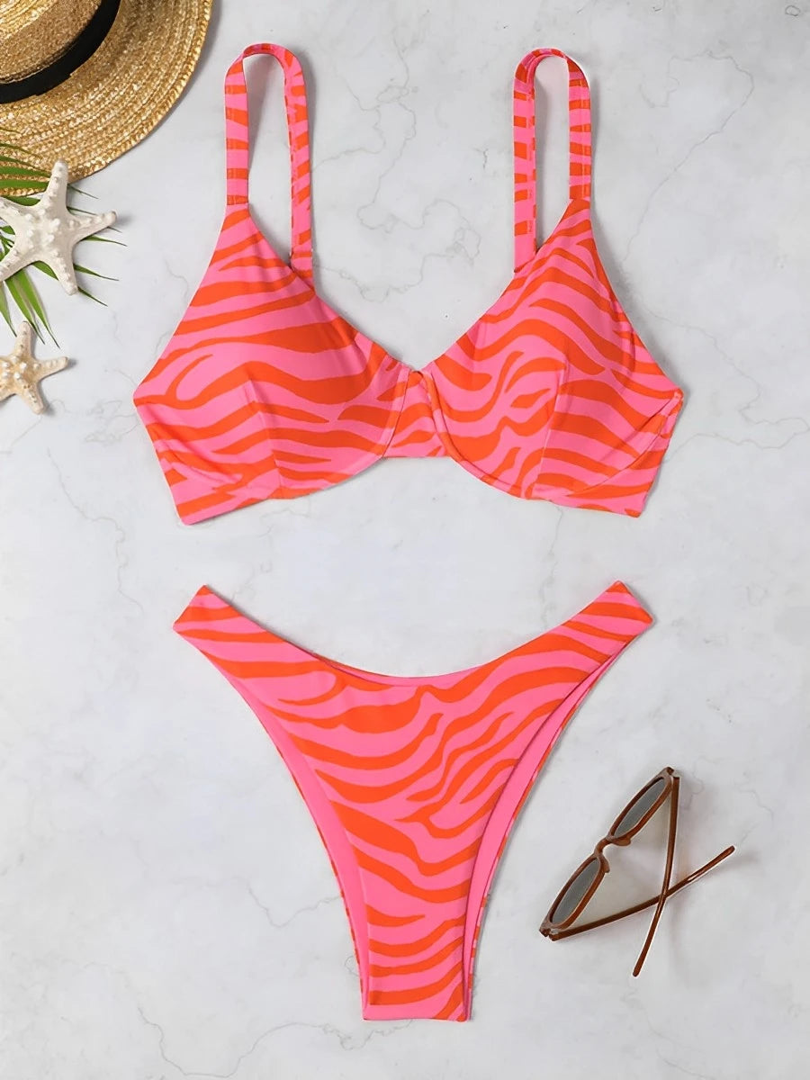 2024 Push Up Striped Print Two Piece Bikini Women Swimwear Female Swimsuit Bathers Bathing Swimming Suit Beachwear Summer