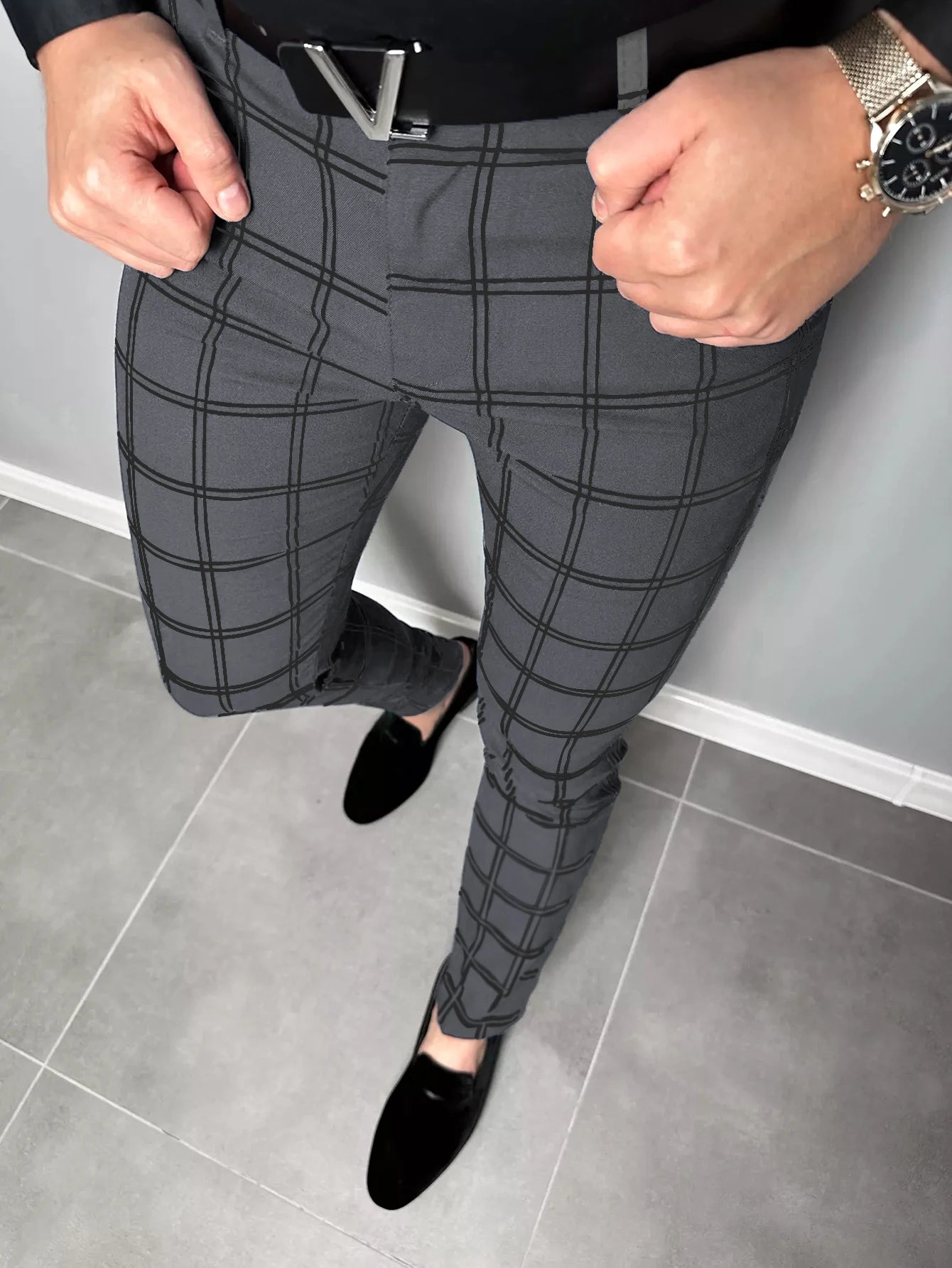 Checkered Fashion Europe and the United States Style Men's Pants Business Casual Travel Slim Pants Comfortable and Versatile