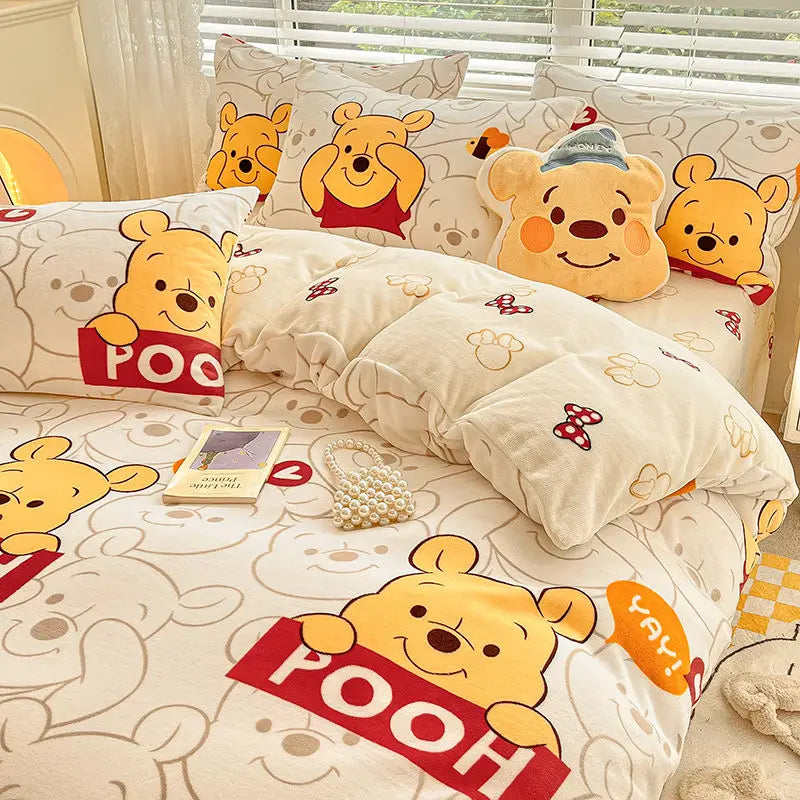 Pooh Bear Daisy Mickey Lotso Minnie cute cartoon pattern soft and warm milk velvet bed sheet and quilt cover four-piece set