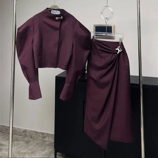 Autumn New Fashion Designer Women's Skirt Suit Elegant Office Lady Solid Color Short Jacket + Fold Long Skirt Two-Piece Set J309