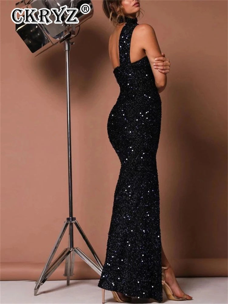 Ladies Autumn Bling Glitter Sequins Fashion Evening Party Dress Women Sleeveless Backless Side Slit Maxi Dresses Club Streetwear