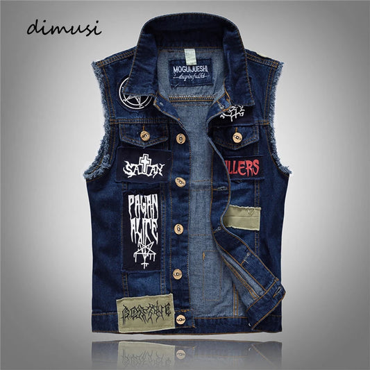 Summer Men's Lightweight Denim Vests Fashion Hip Hop Streetwear Jeans sleeveless Jacket Male Punk Party patch Denim Waistcoats