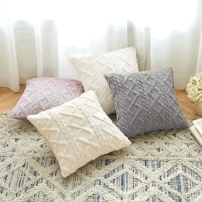 1 plain decorative artificial wool pillow case, soft short plush wool square pattern cushion cover, modern decorative sofa, fami