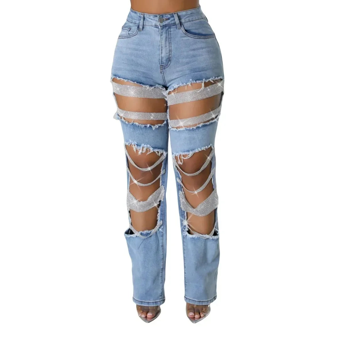 Spice Girl Summer Pants Ripped Heavy Industry Beaded Elastic Jeans Trousers Women JEANS