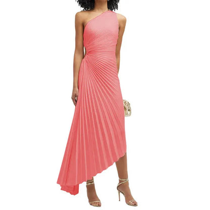 Asymmetrical Backless Sleeveless Female Wedding Guest Midi Dresses TRAF Women Elegant One Shoulder Solid Dress Ruffled