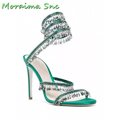 Sexy Luxury Crystal Bling Winding Sandals Stiletto High Heel Open Toe Green Solid Women Wedding Shoes Summer Dress Runway New