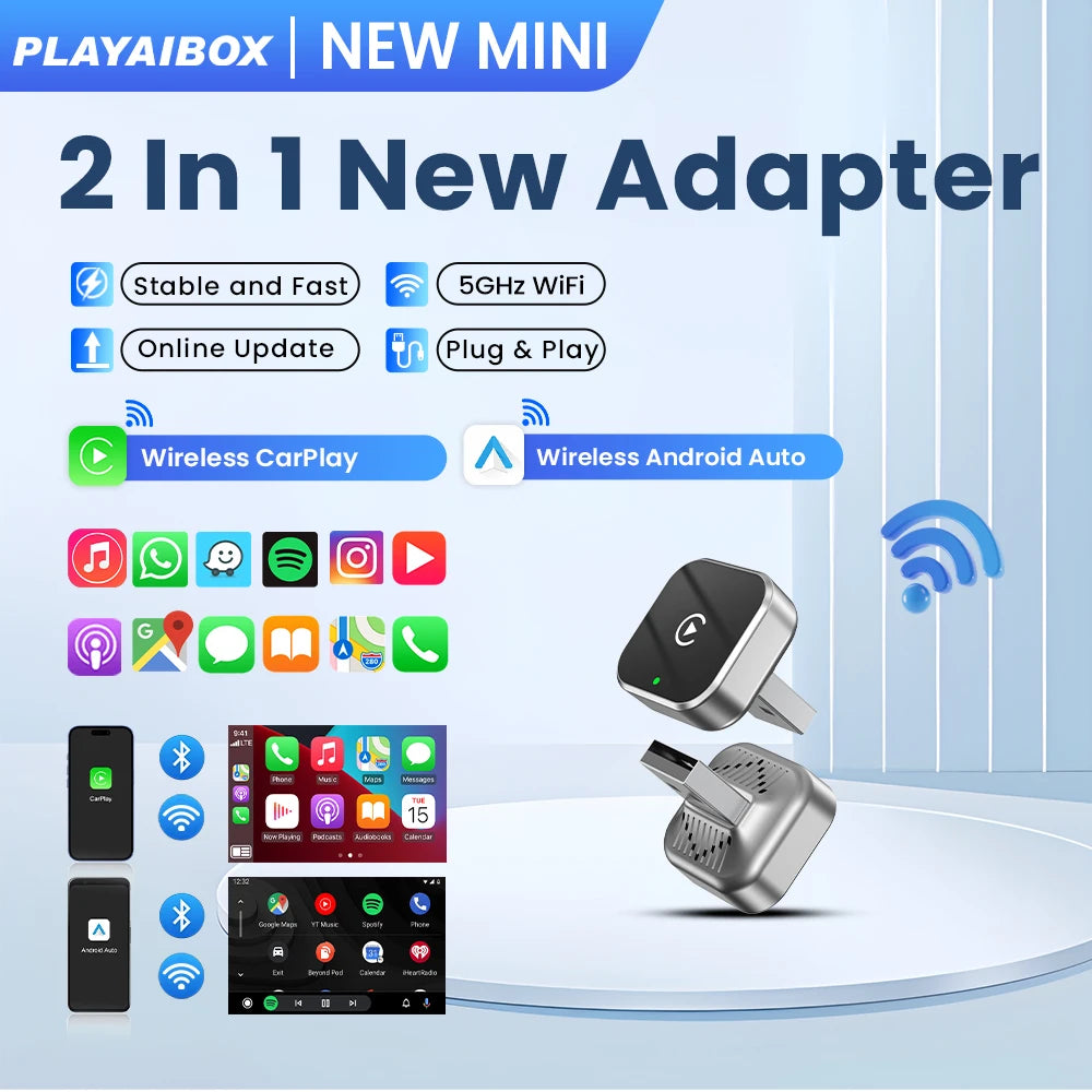 PLAYAIBOX sans fil 2 en 1 CarPlay Android Auto sans fil Supermini Box adaptateur Plug And Play Dongle Bluetooth WiFi connexion rapide